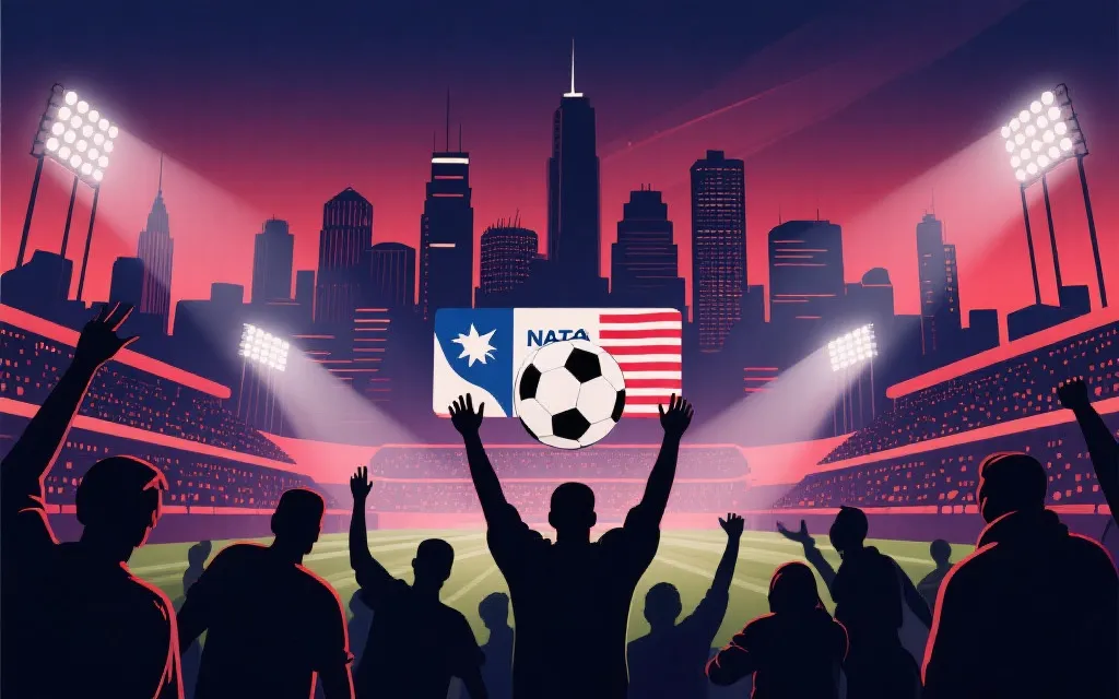 三国联合主办的足球赛前仪式概念图：北美城市天际线、球场灯光与多元人群剪影