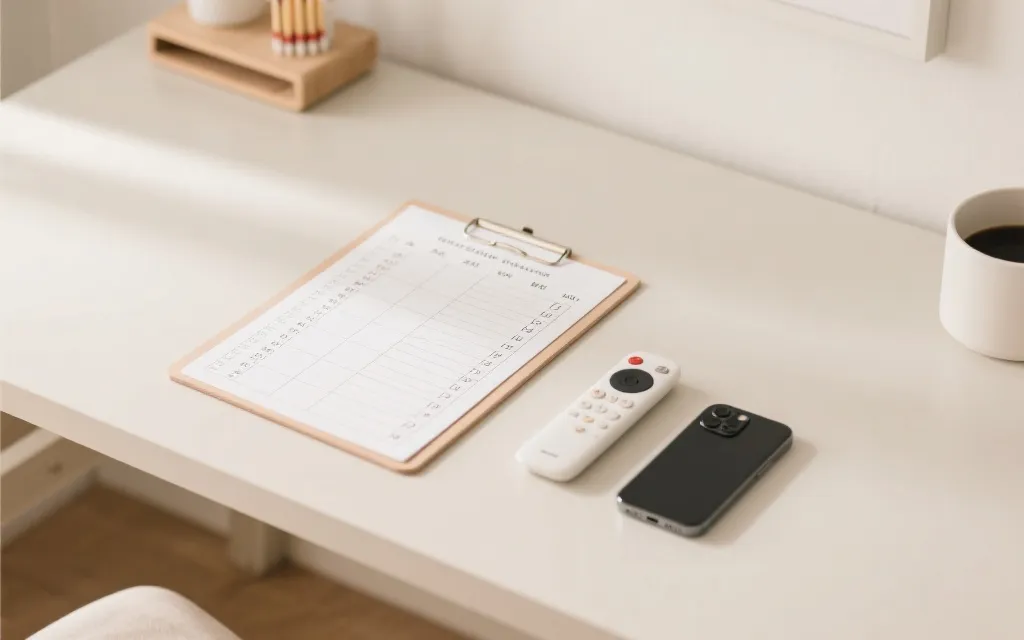 桌面上摊开观赛规划清单与日程，旁边是电视遥控器与手机，氛围理性克制